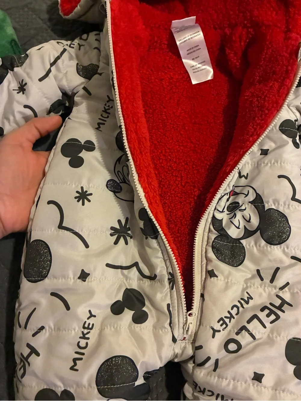 Disney White Mickey Print One-Piece Footed Snowsuit with Red Lining 0-3 months